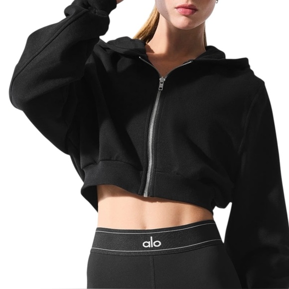 ALO Yoga Tops - Alo Yoga Sweet Escape Zip Up Black Cropped French Terry Sweatshirt Hoodie Small